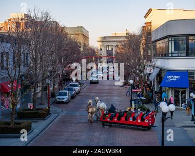 Marion Street, Downtown Oak Park, Illinois mit Weihnachtsbeleuchtung und Dekoration. Stockfoto