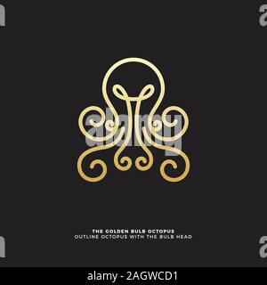 Golden octopus Übersicht auf schwarzem Hintergrund Stock Vektor
