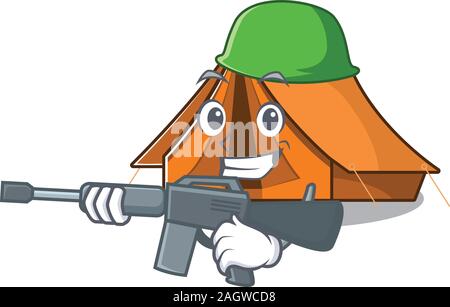 Ein Maskottchen von Camping zelt Blättern Armee mit Maschinengewehr Stock Vektor