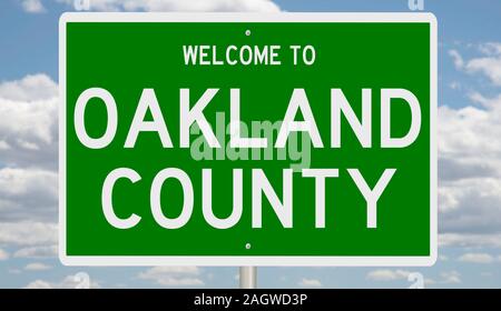 Rendering von einem grünen 3d Autobahn Zeichen für Oakland County Stockfoto