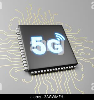 Computer Prozessor mit 5G Text 3D Illustration, 5G-Technologie Konzept Stockfoto
