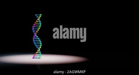 DNA-Kette bunt angestrahlt auf schwarzen Hintergrund mit Kopie Raum 3D-Darstellung Stockfoto