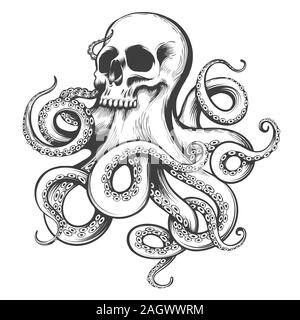 Menschlicher Schädel mit Octopus Tentakeln. Tattoo in Gravur Stil. Vector Illustration. Stock Vektor