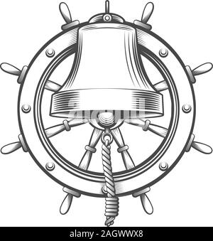 Nautische Emblem mit Schiffsglocke und Lenkrad in Gravur Stil. Vector Illustration. Stock Vektor