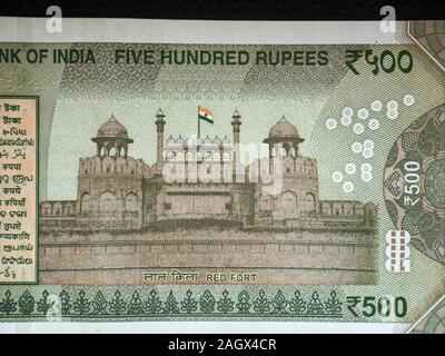 Schiffe-2019 - die Rückseite der 500 Rupie Bank Note, in Indien verwendet, Weltkulturerbe Red Fort Lal Kila INDIEN Stockfoto