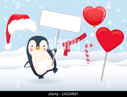 Pinguin Holding unterzeichnen. Penguin Cartoon Illustration. Stockfoto