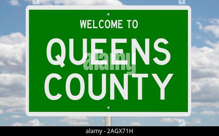 Rendering von einem grünen 3d Autobahn Zeichen für Queens County Stockfoto