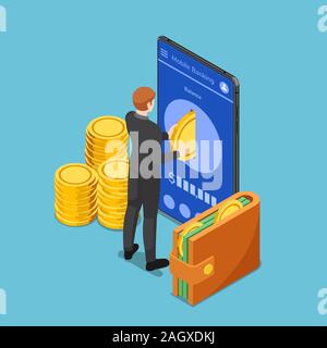 Wohnung 3 d isometrische Geschäftsmann, Gold Münze in Smartphone. Mobile Banking Konzept. Stock Vektor