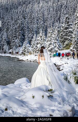 Banff - Oktober 03, 2018: Die Braut Fotoshooting am Lake Louise in der Nähe von Banff National Park, Kanada. Stockfoto