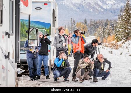 Banff - Oktober 03, 2018: Fotografen met in der Nähe der Straße in der Nähe von Banff National Park, Kanada. Stockfoto