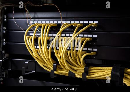 Gelbe Netzwerkkabel und Server in einem Rechenzentrum Stockfoto