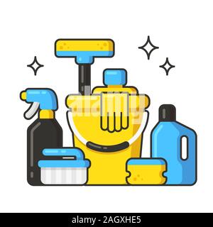 Reinigungsmittel Objekte festlegen können. Bürsten, Schwämme, Flaschen von sauberen Flüssigkeiten in einfachen Cartoon Stil. Isolierte vector clip art Illustration. Stock Vektor