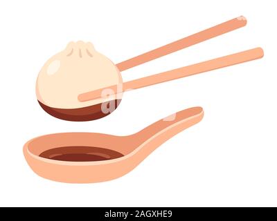 Gedämpftem asiatischen Knödel mit Stäbchen und Soße in eine Schüssel. Traditionelle Chinesische und japanische Küche vector clip art. Stock Vektor