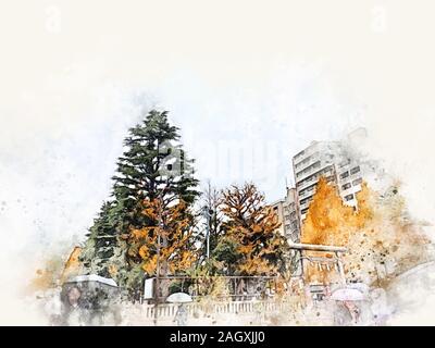 Abstrakte farbenfrohe Zweig Baum und Gebäude in der Stadt auf Aquarell illustration Malerei Hintergrund. Stockfoto