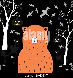 Erschreckend schwarzer Bär mit gelben Augen, leeren Sockel eyed Katze und Kürbisse mit glühenden Augen für Halloween Themen. Vector Illustration Stock Vektor