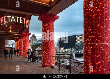 Liverpool Albert Dock komplex Weihnachtsbeleuchtung. Stockfoto