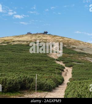 Snezka Hügel von pass Division Schneekoppe von Svorova hora im Riesengebirge auf tschechisch-polnischen Grenze im Sommer morgen Stockfoto