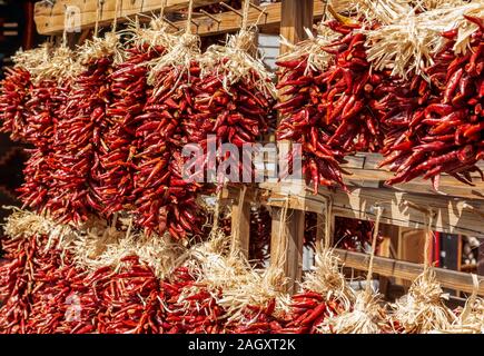 New Mexico Chile ristras zum verkauf in Santa Fe, New Mexico, USA. Stockfoto