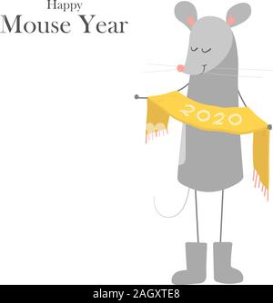 Symbol des chinesischen neuen Jahres 2020. Ratte. Lustige glücklich lächelnde Maus in Filz Stiefel mit gelben Strickschal. Vector Illustration auf weißen isoliert Stock Vektor