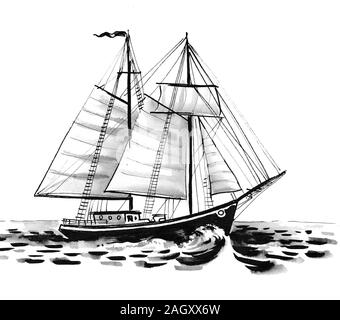 Segelschiff im Meer. Abbildung: Tinte schwarz-weiß Stockfoto