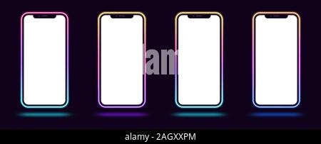 Telefon mockup mit Steigung neon Grenze. Modernes handy Vorlagen mit Kreativen bunten neon Rahmen. Mobile Bildschirm mock up, kopieren Sie Raum für UI Stock Vektor