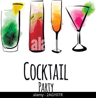Gläser mit verschiedenen coctailes, eine Cocktailparty Vektor-illustration isoliert auf weißem Stock Vektor
