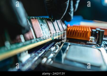 Ingenieur Mechaniker Hände halten in schwarz Handschuhe RAM-Speicher in die Buchse am Computer Motherboard zu stecken. Das Konzept der Technologie Hardware Stockfoto