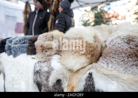 Pelz Hüte und andere Tiere Felle auf Ausstellung bei einem Bauern in Bukarest, Rumänien. Stockfoto