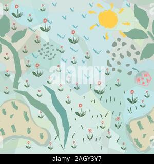 Cute nahtlose Hintergrund mit Palmen, Feld, Sonne, Gras. Niedlich kindisch abstrakt Design. Vector Illustration Stock Vektor