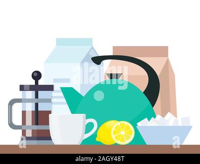 Tea time Poster Konzept. Tea Party Zusammensetzung. Teekanne, Schale, Zucker, Zitrone, Milch. Alle für Tee, Frühstück Flachbild Vector Illustration Stock Vektor
