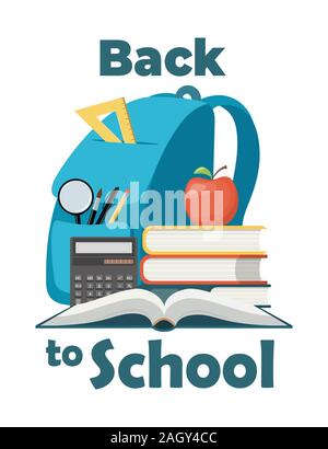 Zurück zu Schule. Bunte Schule Rucksack Komposition. Schulranzen und Studie liefert auf weißem Hintergrund. Vector Illustration Stock Vektor