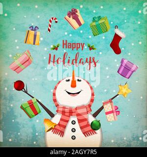 Urlaub Grusskarten mit lustigen Schneemann jonglieren mit Weihnachtsgeschenke. Stockfoto