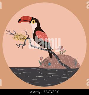 Toucan sitzen auf einem Ast mit Nest über dem Wasser. Vector Illustration Stock Vektor