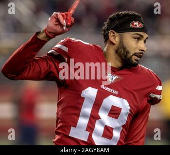 Santa Clara, Kalifornien, USA. 21 Dez, 2019. San Francisco 49ers wide receiver Dante Pettis (18) am Samstag, 21. Dezember 2019, in Levis Stadion in Santa Clara, Kalifornien. Die 49ers besiegten die LA Rams 34-31. Credit: Al Golub/ZUMA Draht/Alamy leben Nachrichten Stockfoto