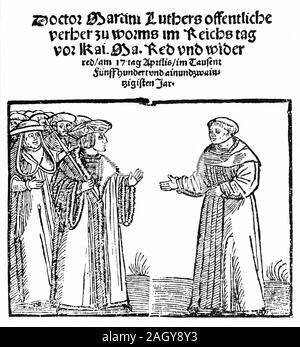 Kupferstich von Martin Luther in Worms 1521, wo er über seine häretischen Lehren der Katholischen Kirche zu geben Stockfoto
