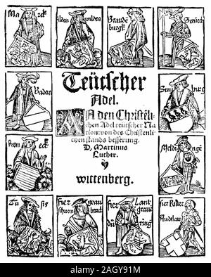 Eingraviert, die mit einem 1520-Site durch Martin Luther: An den christlichen Adel deutscher Nation (Deutsch: An den christlichen Adel deutscher Nation), in der seine Unterschrift Lehren des Priestertums aller Gläubigen und die beiden Königreiche. In Deutsch geschrieben. Stockfoto