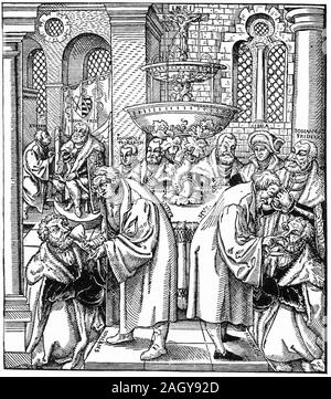 Holzschnitt von Lucas Cranach dem Älteren, Luther (links) und Jan Hus sowohl Brot und Wein in der Gemeinschaft zum Haus von Sachsen. Stockfoto