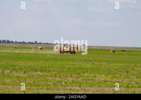 Einen landwirtschaftlichen Traktor Lader lasten Heuballen in einen Traktor Anhänger auf dem Feld Stockfoto