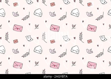 Liebe Nachricht Textur romantische nahtlose Muster mit Herzen und Taube. Schreiben Liebe drucken. Vector Illustration Stock Vektor