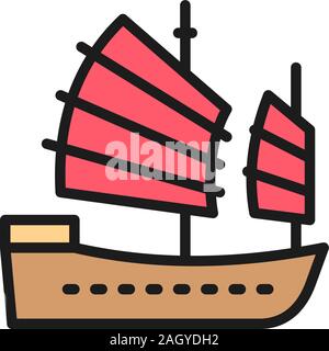 Asiatische Junk-Boot, Hongkong Schiff flat Color Line Symbol. Stock Vektor