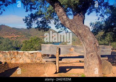 Handgefertigte holzbank unter dem Baum, den See und die Berge. Sevilla, Spanien Stockfoto