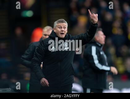 Watford, UK. 22 Dez, 2019. Man Utd manager Ole Gunnar Solskjær während der Premier League Match zwischen Watford und Manchester United an der Vicarage Road, Watford, England am 22. Dezember 2019. Foto von Andy Rowland. Credit: PRiME Media Images/Alamy leben Nachrichten Stockfoto