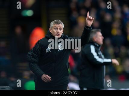 Watford, UK. 22 Dez, 2019. Man Utd manager Ole Gunnar Solskjær während der Premier League Match zwischen Watford und Manchester United an der Vicarage Road, Watford, England am 22. Dezember 2019. Foto von Andy Rowland. Credit: PRiME Media Images/Alamy leben Nachrichten Stockfoto