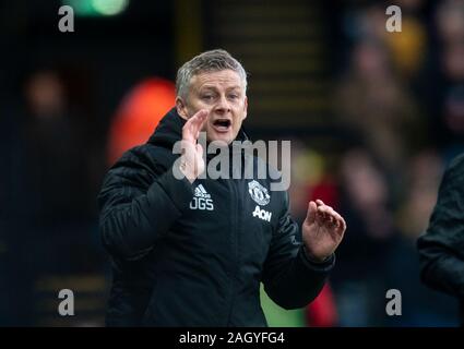 Watford, UK. 22 Dez, 2019. Man Utd manager Ole Gunnar Solskjær während der Premier League Match zwischen Watford und Manchester United an der Vicarage Road, Watford, England am 22. Dezember 2019. Foto von Andy Rowland. Credit: PRiME Media Images/Alamy leben Nachrichten Stockfoto