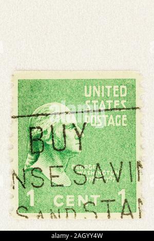 Spule Stempel aus USA des ehemaligen Präsidenten George Washington. Grün einen Cent Porto im Jahr 1939 herausgegeben. Scott Nr. 839. Stockfoto