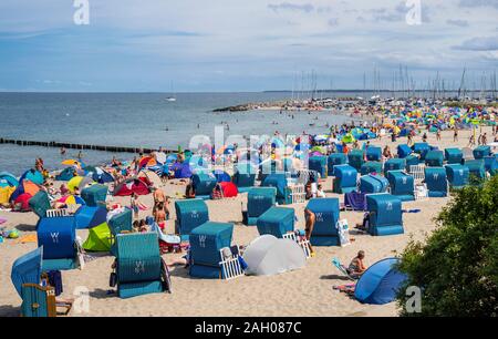 Hooded liegen (Strandkörbe) am Strand des Ostseebades Kühlungsborn, Mecklenburg-Vorpommern, Deutschland Stockfoto