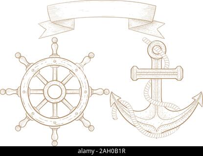 Anker und Boot Lenkrad. Hand gezeichnete Skizze. Vector Illustration auf weißem Hintergrund. Stock Vektor