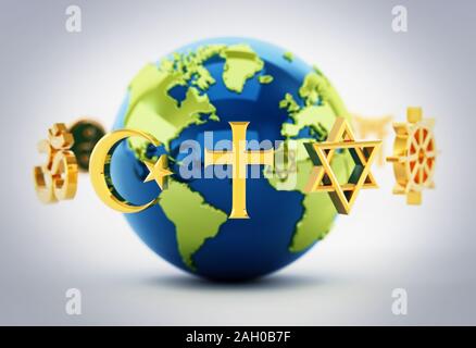 Religion Symbole um die Erde verstreut. 3D-Darstellung. Stockfoto