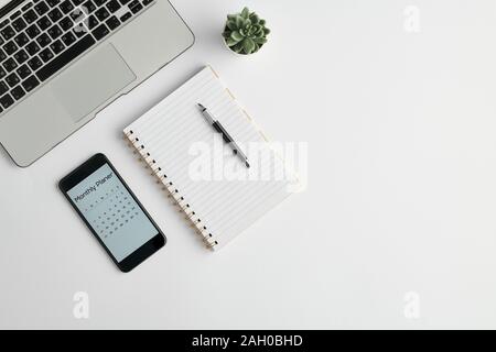 Notizbuch mit Stift, monatliche Planer im Telefon Anlage im Blumentopf und Laptop Stockfoto