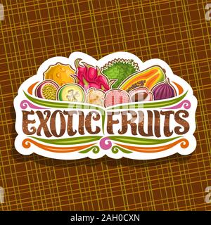 Vektor logo für Exotische Früchte, dekoratives Papier schneiden Abzeichen mit Abbildung der Gruppe verschiedene bunte gesunde Früchte, Schild mit original typefac Stock Vektor